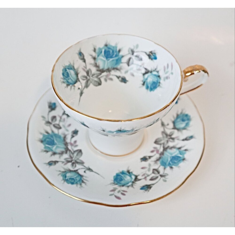 Vintage Aynsley Teacup & Saucer  Tea Cup Blue Roses With Gold Gilt 1952 Corset o